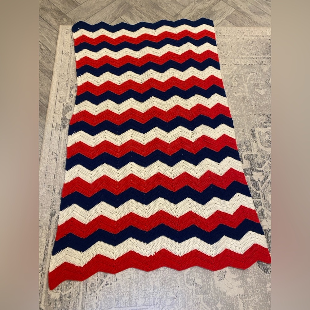 Handmade Crochet Americana Chevron Afghan Blanket Red, White & Blue 6’ X 4’ - Picture 2 of 2
